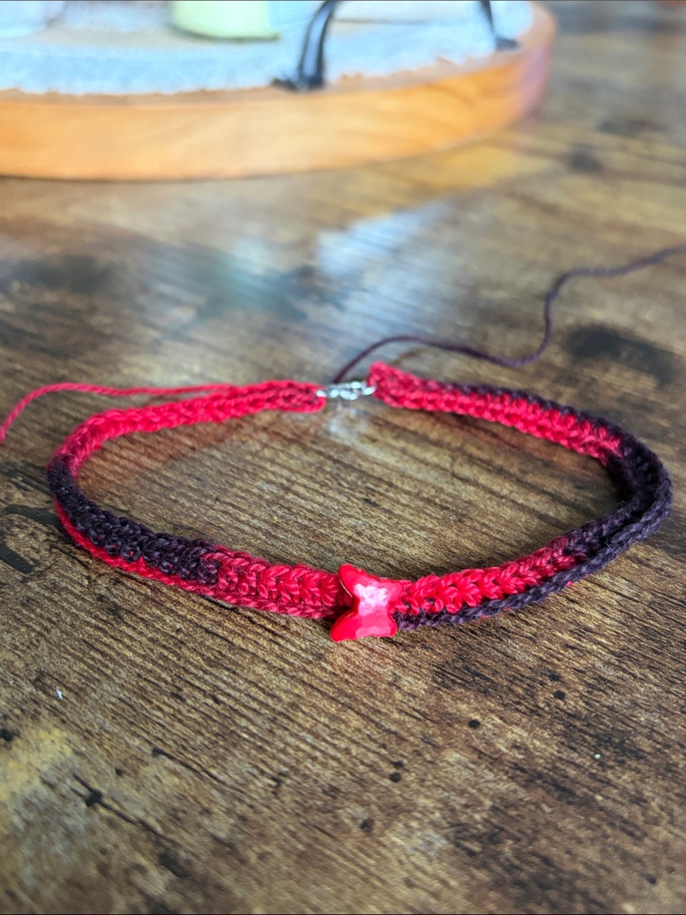 Handmade Red & Black Crocheted Choker with Red Bead